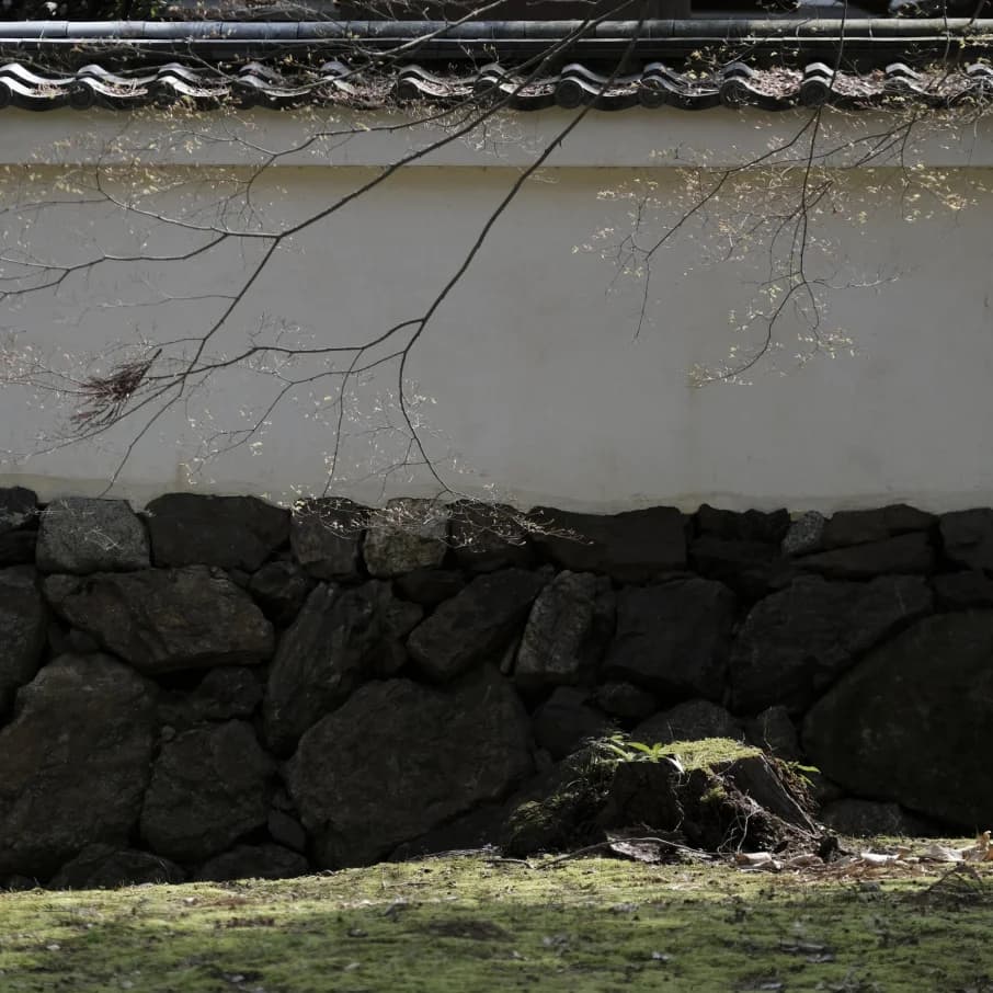 Wall with stone base and roof tiles