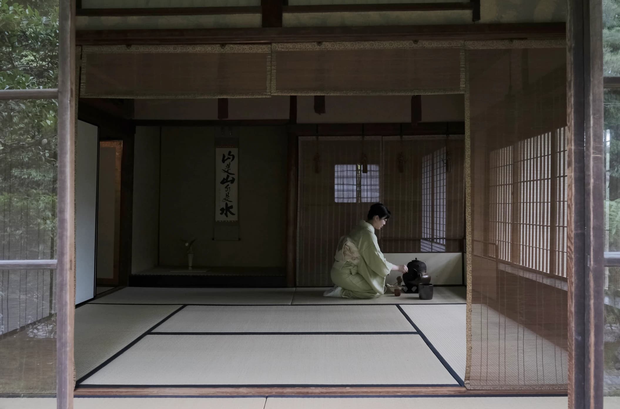 Traditional Japanese room with tatami mats and sliding doors