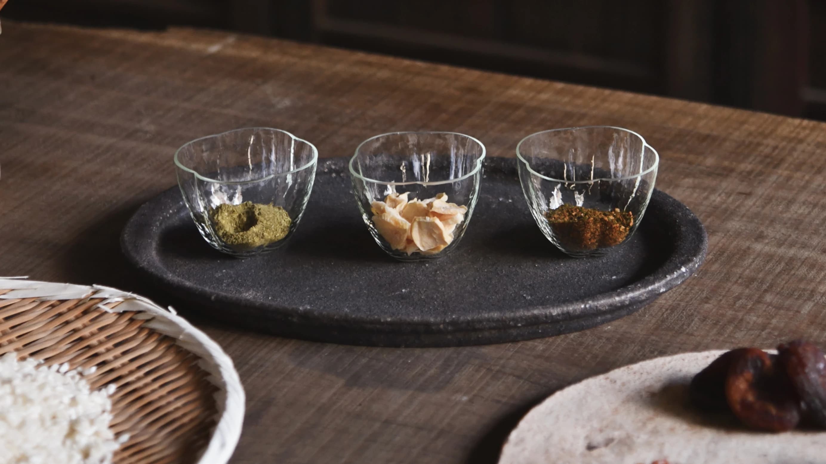 Glasses with ingredients arranged on a tray