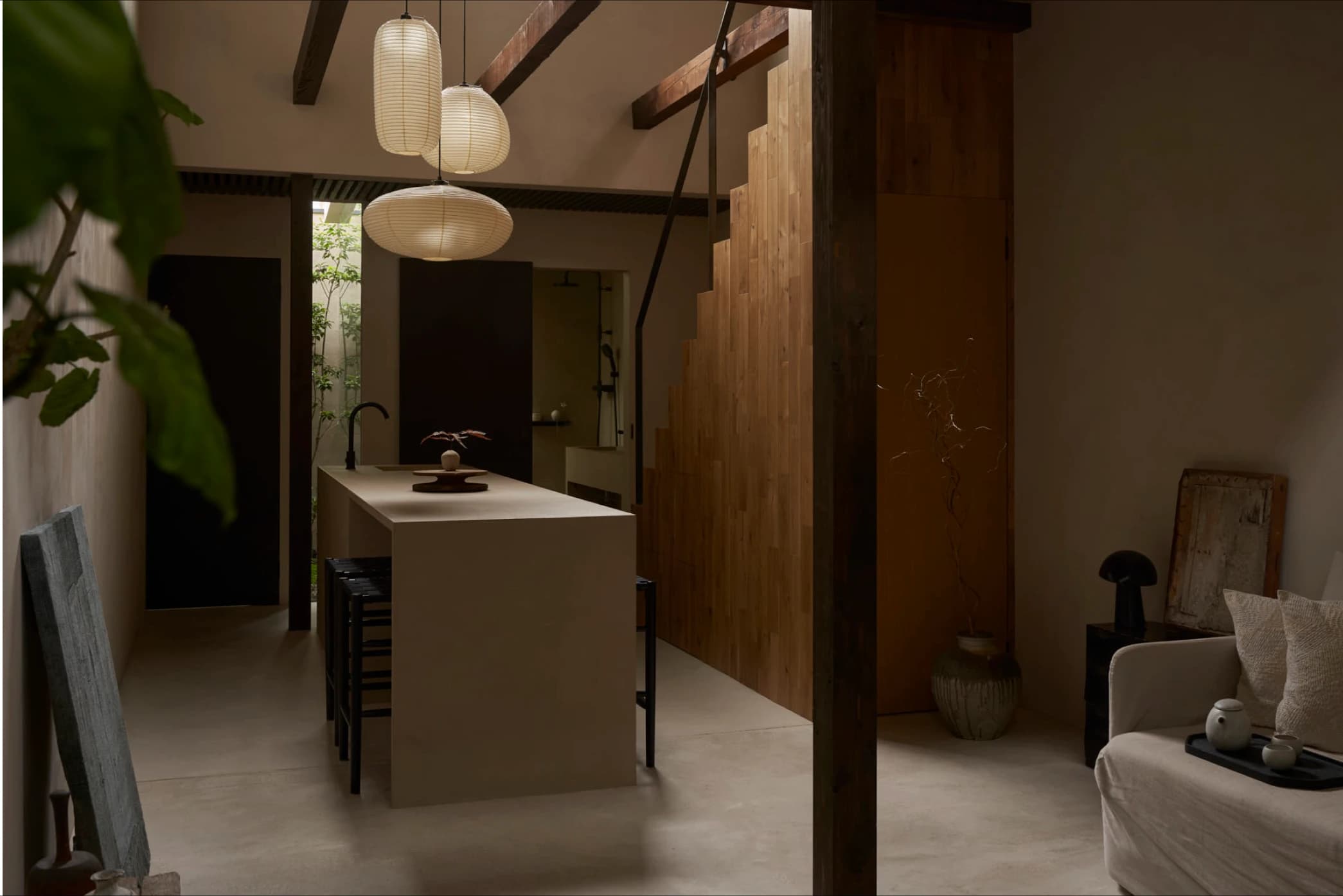 Traditional Japanese tea room with pottery display