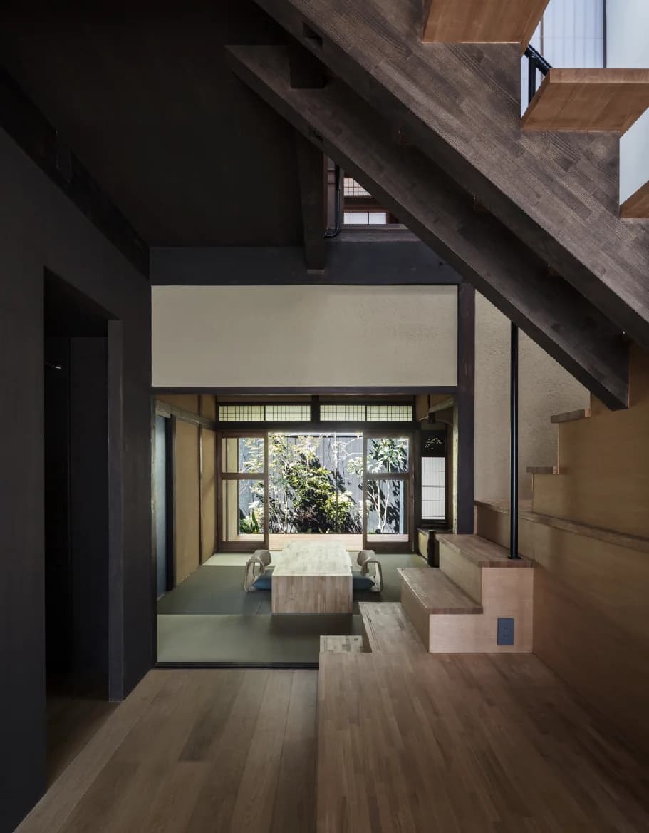 Maana Kyoto staircase, living area, and garden