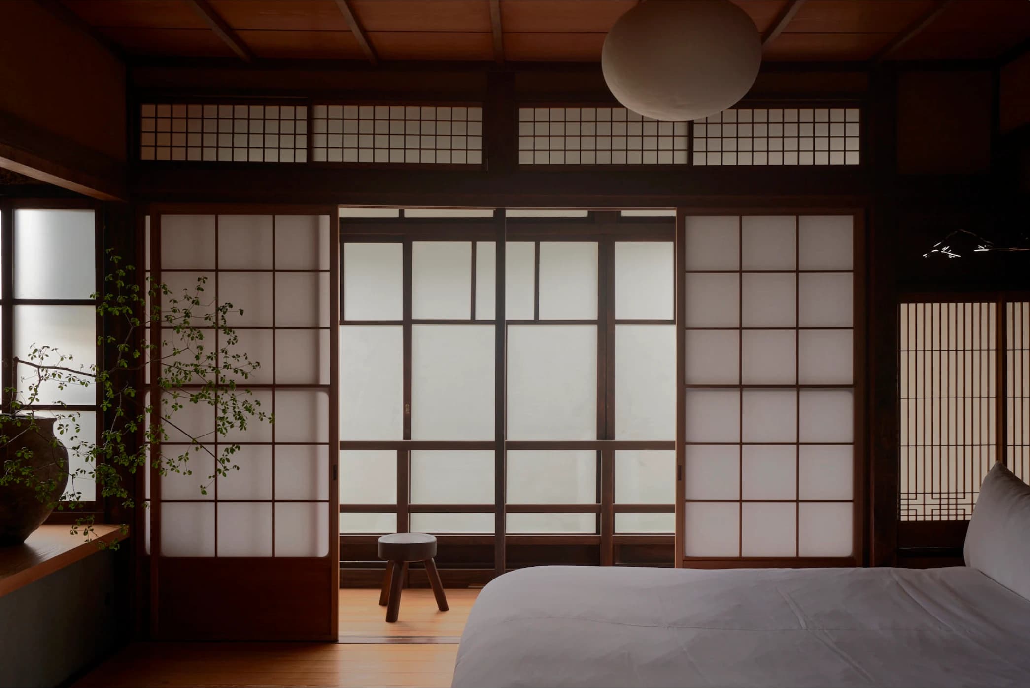 Interior view of a traditional Japanese room with shoji screens