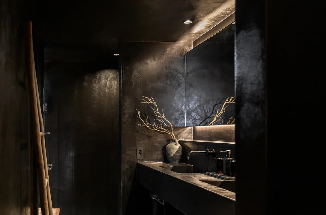 Dark bathroom vanity with stone basin, mirror, and branch arrangement